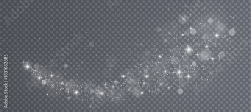 White bokeh light swirl isolated on transparent background. Vector realistic illustration of glitter trail with shimmering particles, magic fairy dust, sparkling snow effect, holiday confetti twinkle