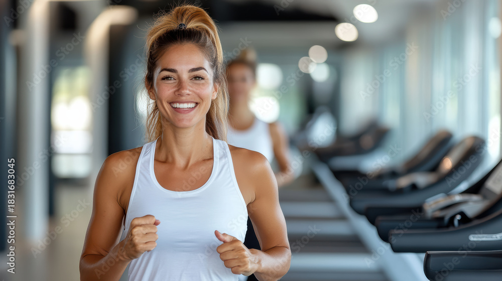 Fototapeta premium Smiling woman running on treadmill in gym, fitness workout, energetic expression