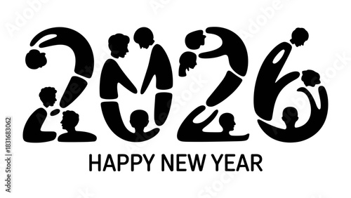**2026: A Vision for Tomorrow:** A stylized graphic presents the upcoming year, 2026, ingeniously formed by the silhouettes of people in various poses, with 'HAPPY NEW YEAR' below. Evoking unity.