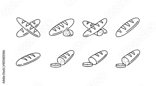 Collection of hand drawn baguette bread loaves in a simple silhouette style