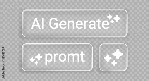 Liquid glass interface buttons for AI generate technology with rounded rectangular shapes, sparkles icon and text. Transparent frosted elements decorated by stars. Modern 3D ui app design assets.