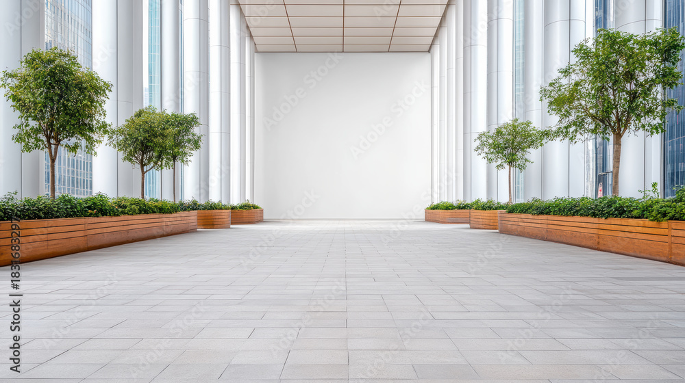Fototapeta premium Modern urban atrium with symmetrical planters and trees offering calm minimalist space