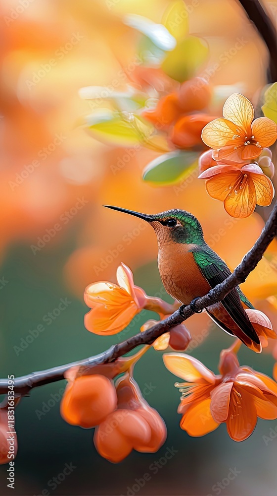 Fototapeta premium A hummingbird perches on a branch adorned with vibrant orange flowers, bathed in warm, soft light. The image captures the beauty of nature.