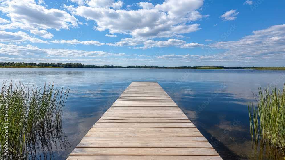 Obraz premium Calm waterfront symmetry open center region peaceful dock under blue sky