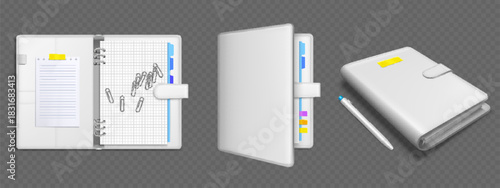 White ring binder mockup set with grid paper, colorful tabs, paperclips and sticky notes. Open and closed notebook folder with dividers, lined sheet and pen. Realistic 3D diary stationery collection.