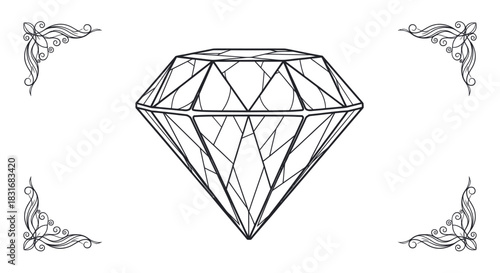 Elegant Illustration of a Geometric Diamond with Decorative Corner Elements