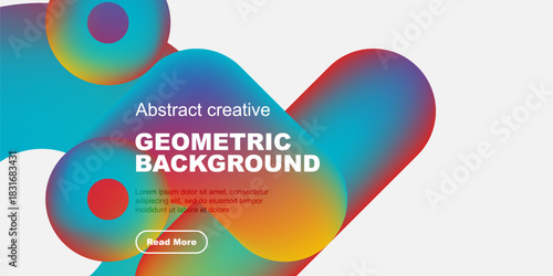 Vibrant abstract shapes overlap, creating fluid geometric background. Text promotes further exploration. Modern design elements present.