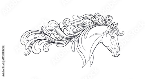 Elegant Line Art Depiction of a Prancing Horse with Flowing Mane in Minimalist Style