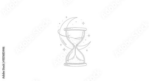 Whimsical Hourglass with Crescent Moon and Sparkling Stars in Minimalist Line Art Style