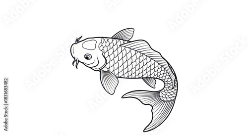 Elegant Line Art Illustration of a Harmonious Koi Fish in Motion