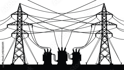 Ultimate electrical power grid infrastructure vector mega-bundle: transmission towers, lines, and transformers, detailed CAD line art collection for high-voltage engineering and energy 