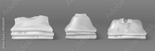 Clean white clothing stacks in realistic 3D - shirt pile, turtleneck sweater heap and polo with buttons. Folded laundry cloth collection - neat fabric layers. Minimalist apparel mockup set on grey.