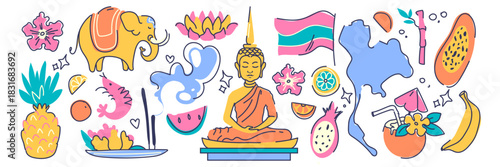 Thailand culture doodle set with Buddha statue, elephant, lotus flower and tropical fruits. Colorful hand drawn cartoon icons of traditional symbols, national flag, map and exotic food elements.