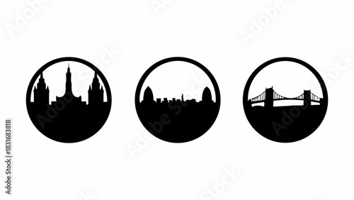 Iconic Cityscape Silhouettes: A Collection of Global Landmarks in Elegant Circular Frames Perfect for Travel, Design and World Adventure Themes