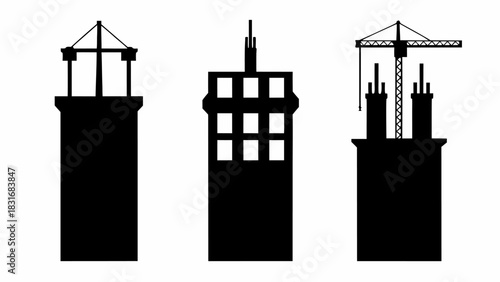 Striking silhouettes of urban structures and industrial buildings, perfect for modern cityscapes and architectural designs, originally a scalable vector graphic