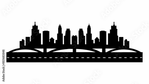 Striking Cityscape Silhouette with Modern Buildings and Bridge Design, Perfect for Urban Development, Travel, and Architectural Projects, originally a vector graphic