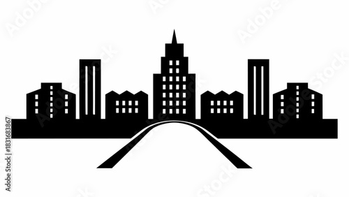 Sleek and modern city skyline silhouette with a dynamic road leading to towering buildings, perfect for urban planning and architectural design projects