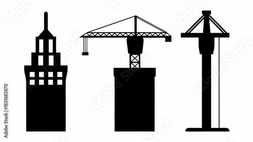 Bold construction icons symbolizing progress and urban development, architectural silhouette for modern cityscape design, originally created as vector art