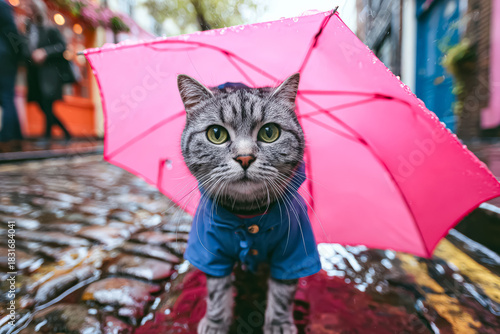 A gray tabby cat in a blue raincoat stands under a pink umbrella, showcasing a playful and whimsical urban scene with wet pavement