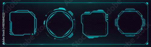 Futuristic HUD frame collection with glowing neon borders and digital interface elements. Tech game UI panels with cyberpunk screen bars, holographic boxes and sci fi frames on dark background.
