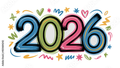 New Year's Eve 2026 Celebration:  A colorful and creative graphic design celebrates the upcoming year, with playful doodles and bright hues creating a festive atmosphere for 2026. 