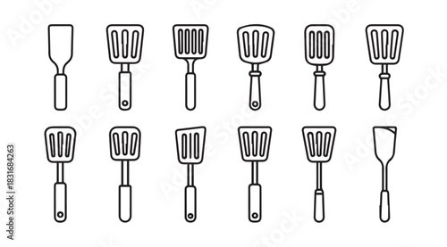 Collection of twelve kitchen spatulas and turners in a simple line drawing silhouette