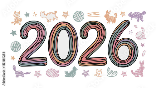 Year 2026 Celebration: A vibrant, hand-drawn illustration with the numerals 2026, decorated with playful animal sketches and stars, embodies the excitement and anticipation of a new year.
