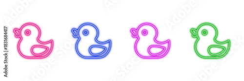 Neon glowing rubber duck vector icons set, bath toy, childhood, playful, cute, baby, vibrant colorful digital design illustration on transparent background.