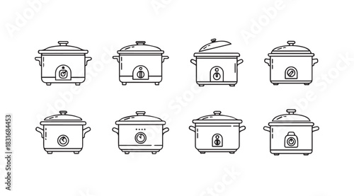 Collection of eight hand drawn slow cooker icons in a simple outline silhouette style