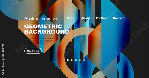 Modern website mockup features vibrant geometric shapes, text overlay, navigation menu. Design emphasizes creativity, bold colors, visual appeal.