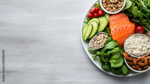 Wallpaper Mural Fresh balanced diet bowl with salmon avocado greens nuts and grains Torontodigital.ca