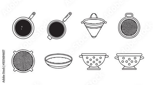 Collection of kitchen utensil silhouettes including strainers colanders and pans silhouette