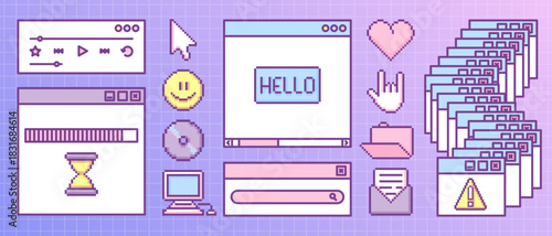 Y2k retro pixel game interface with vintage window frames, old computer screen icons and ui elements. Purple gradient collection of cursor and smiling face, heart and folder by nostalgic style.