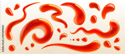Ketchup splash with realistic red drops and drips on transparent background. 3D vector tomato sauce stain with liquid texture, flowing drizzle and splatter effect for food illustration design.