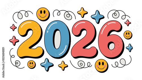 Colorful 2026: A vibrant and playful illustration of the year 2026, surrounded by cheerful emojis and decorative elements, radiating a sense of optimism and anticipation for the future.