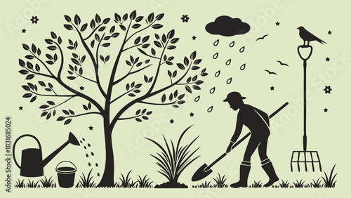 Vector illustration silhouette illustration of a person planting a small tree under a rainy cloud near a large tree and garden tool