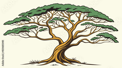Vector illustration stylized illustration of a large, spreading acacia tree with a flattopped canopy
