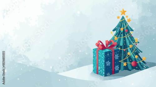 Vector illustration of a festive Christmas background featuring a prominent gift box with a flat design, surrounded by a beautifully decorated Christmas tree