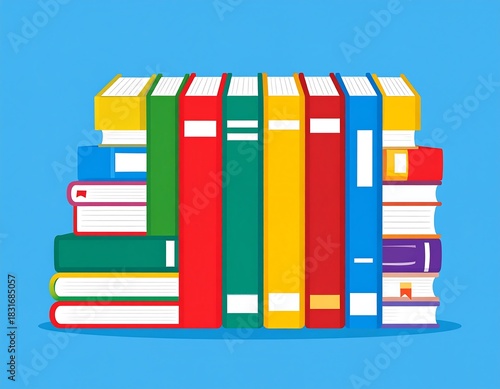 Colorful cartoon books stacked unevenly against a bright blue background, illustration style