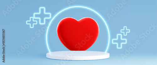 Medical podium with red heart icon on white platform and blue background with neon plus symbols. Healthcare concept illustration - 3d cylindrical stage, glowing circular frame and cross elements