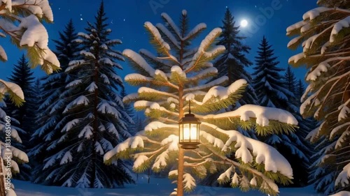 Silent Snowy Forest at Night with Warm Glowing Lantern – Looping