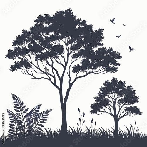 Vector illustration silhouette of large and small acacia trees with fern and grass foreground
