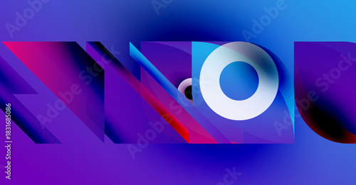 Abstract design features vibrant purple, blue hues. Geometric shapes overlap creating dynamic composition. Letter O stands out prominently.