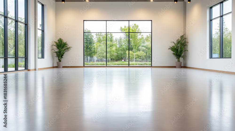 Fototapeta premium Bright empty studio with large windows and potted plants reflecting on polished floor