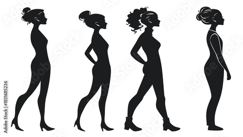 Vector illustration silhouette illustration of four stylized women figures showing different body shapes and postures