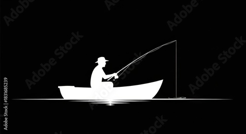 Fisherman in Boat Minimalist Vector White on Black Background