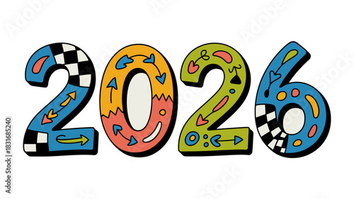 Year 2026: An intricately designed illustration of the year 2026, where vibrant colors and unique patterns come together. It's a visual representation of future year, expressing ideas.