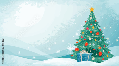 Vector illustration of a festive Christmas background featuring a prominent gift box with a flat design, surrounded by a beautifully decorated Christmas tree