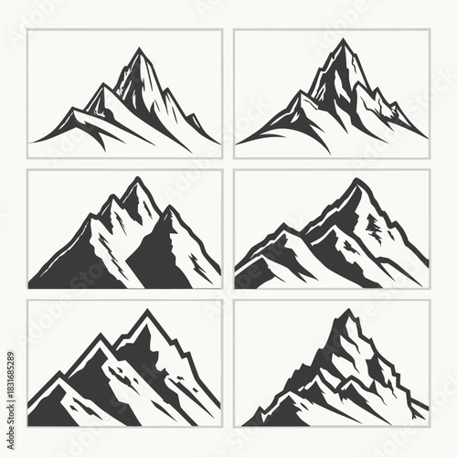 Vector illustration set of six stylized black and white mountain peak icons or logos