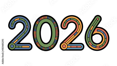 Future Vision: A vibrant, colorful display of the year 2026, rendered with an intricate, artistic design symbolizing progress and technological advancement.